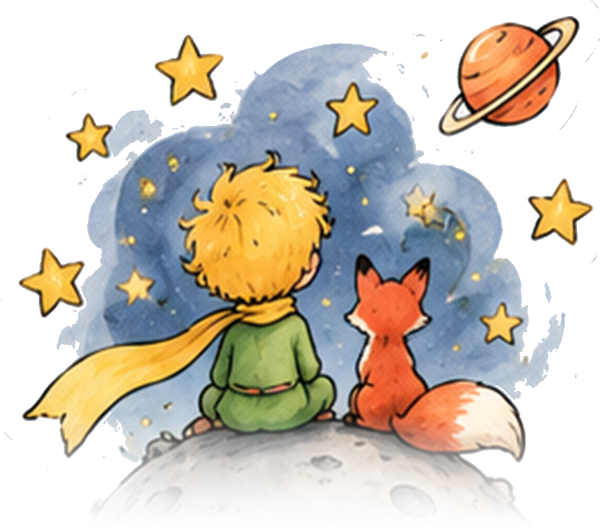 El Principito y el zorro mirando las estrellas desde su planeta