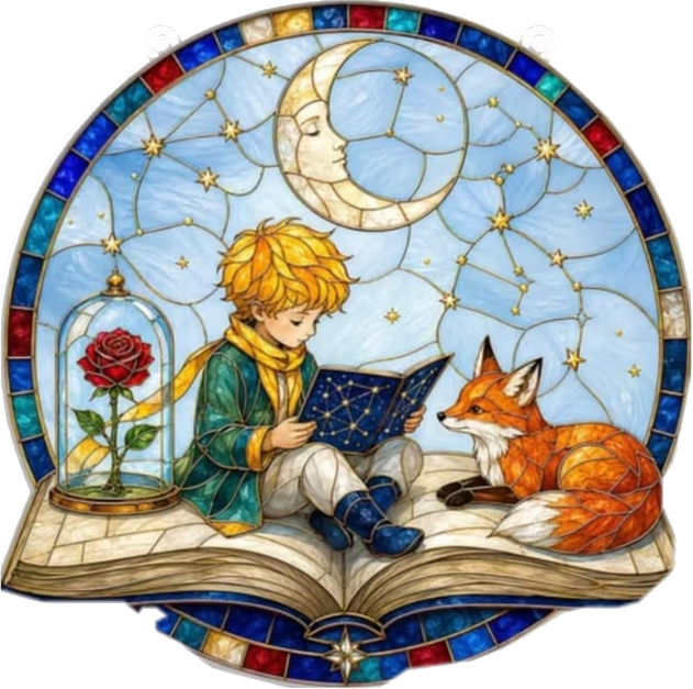 El Principito leyendo junto a su rosa y el zorro